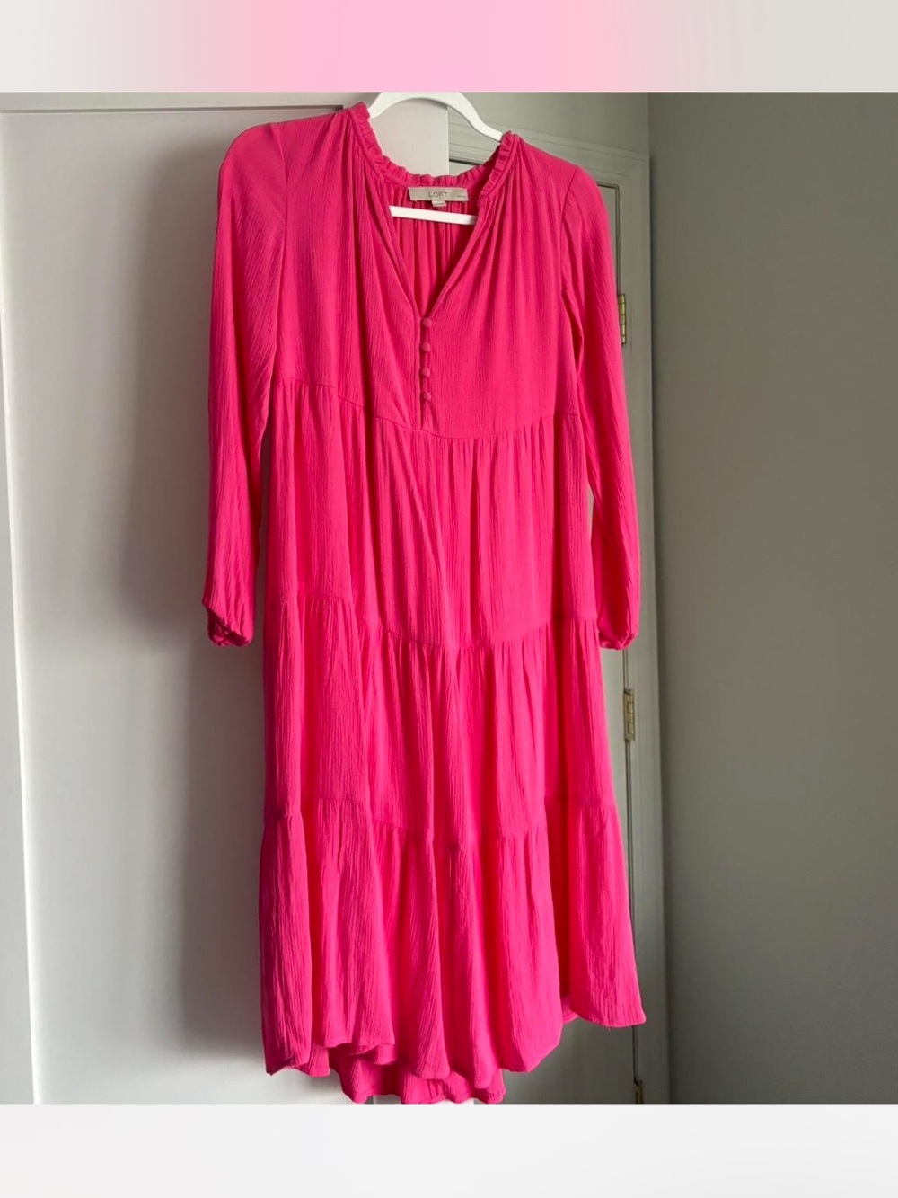 Loft hot Pink long sleeve midi Button-Front Dress